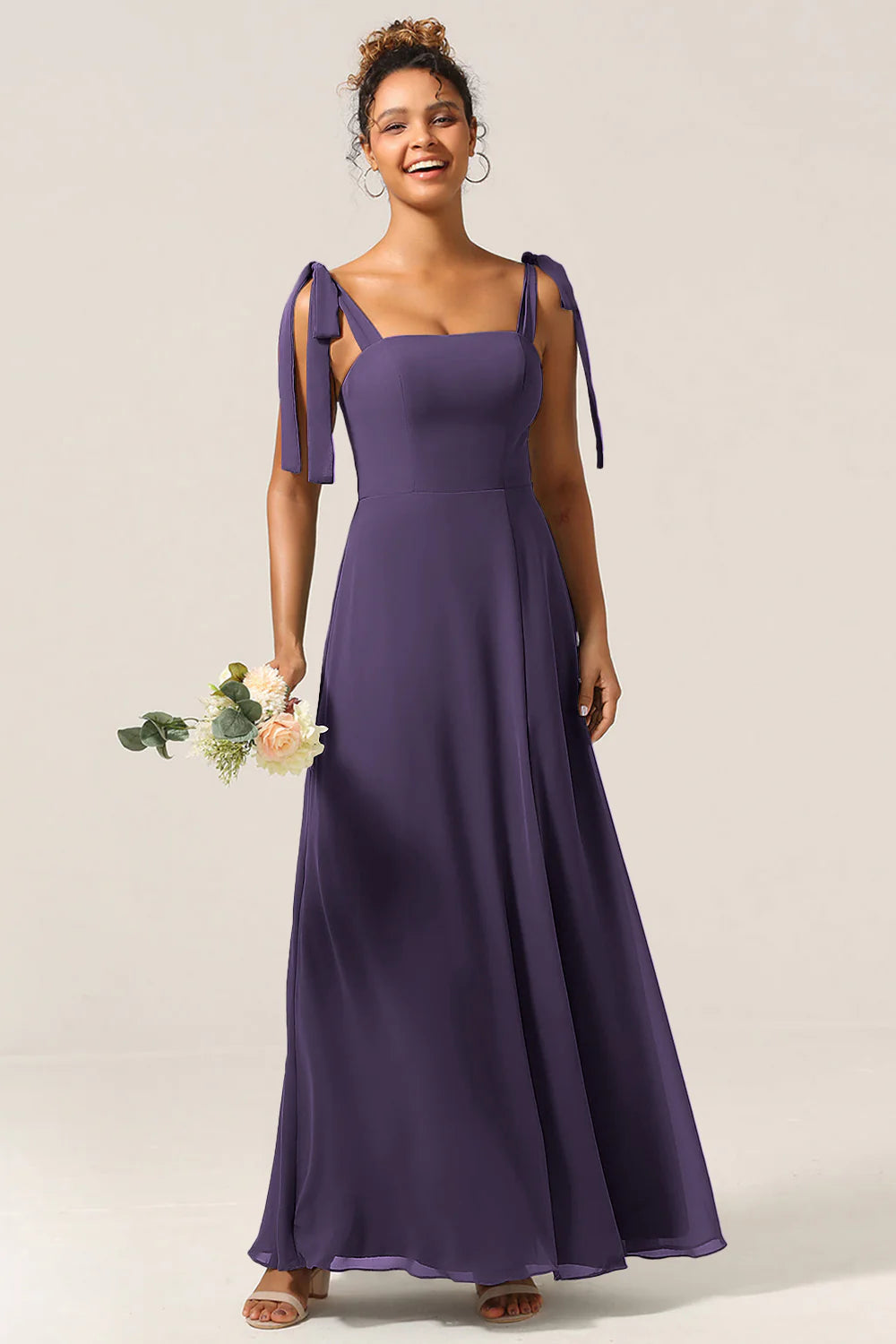 A Line Spaghetti Straps Floor Length Chiffon Bridesmaid Dress with Slit