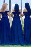 Indigo Lace Off the Shoulder A Line Long Bridesmaid Dress