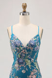 Peacock Floral Tight Spaghetti Straps Short Homecoming Dress with Sequins