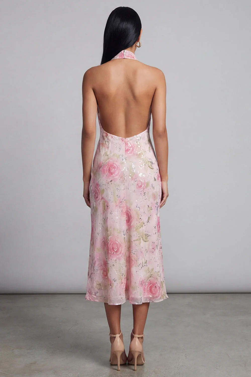 Pink Halter Floral Backless Midi Wedding Guest Dress with Slit