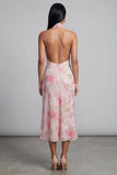 Pink Halter Floral Backless Midi Wedding Guest Dress with Slit
