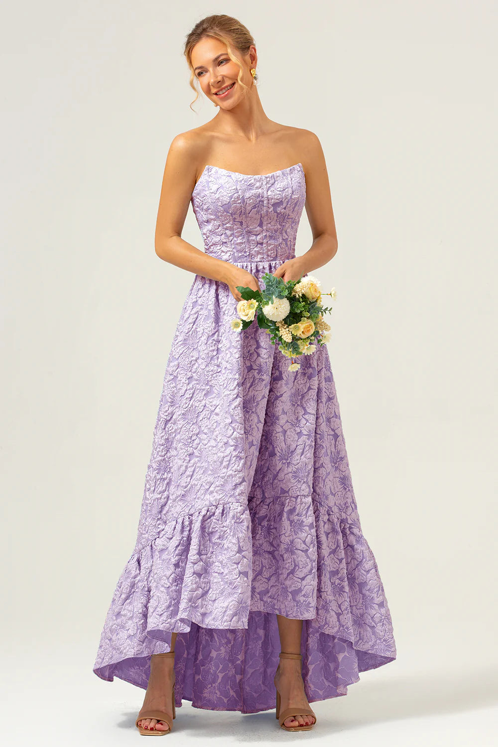 Blue A Line Strapless Brocade High Low Floral Bridesmaid Dress