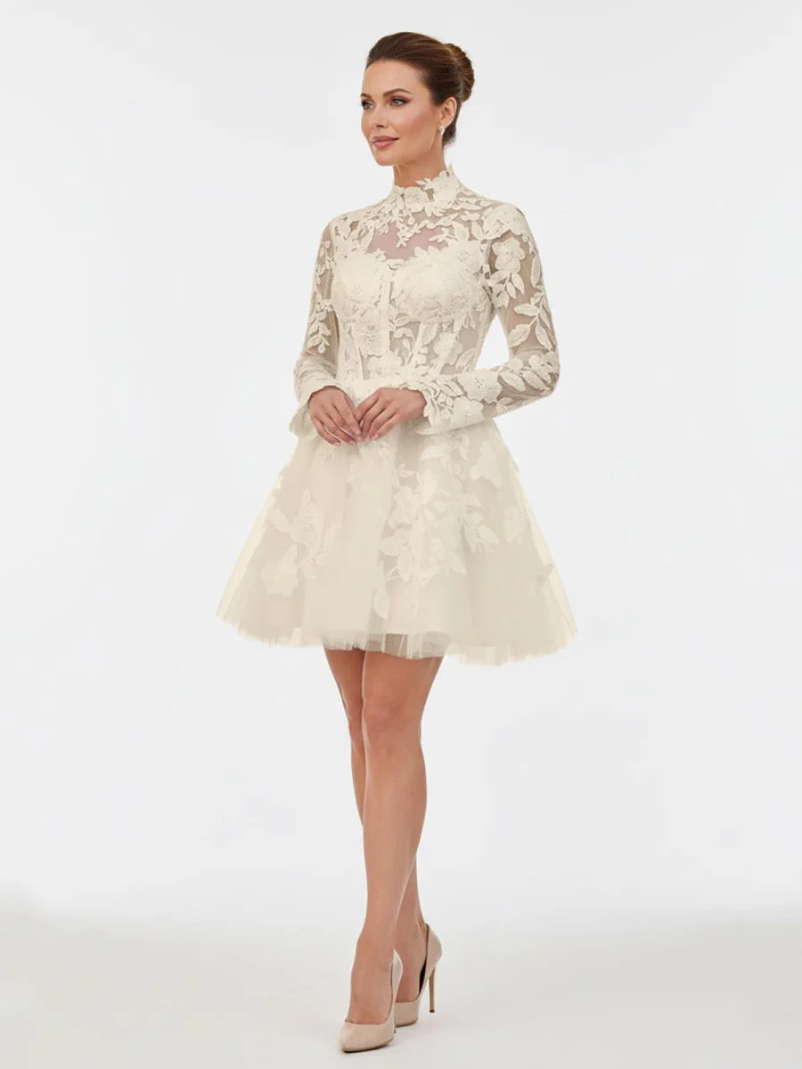 Short White A Line Illusion Neck Long Sleeves Lace Wedding Dresses