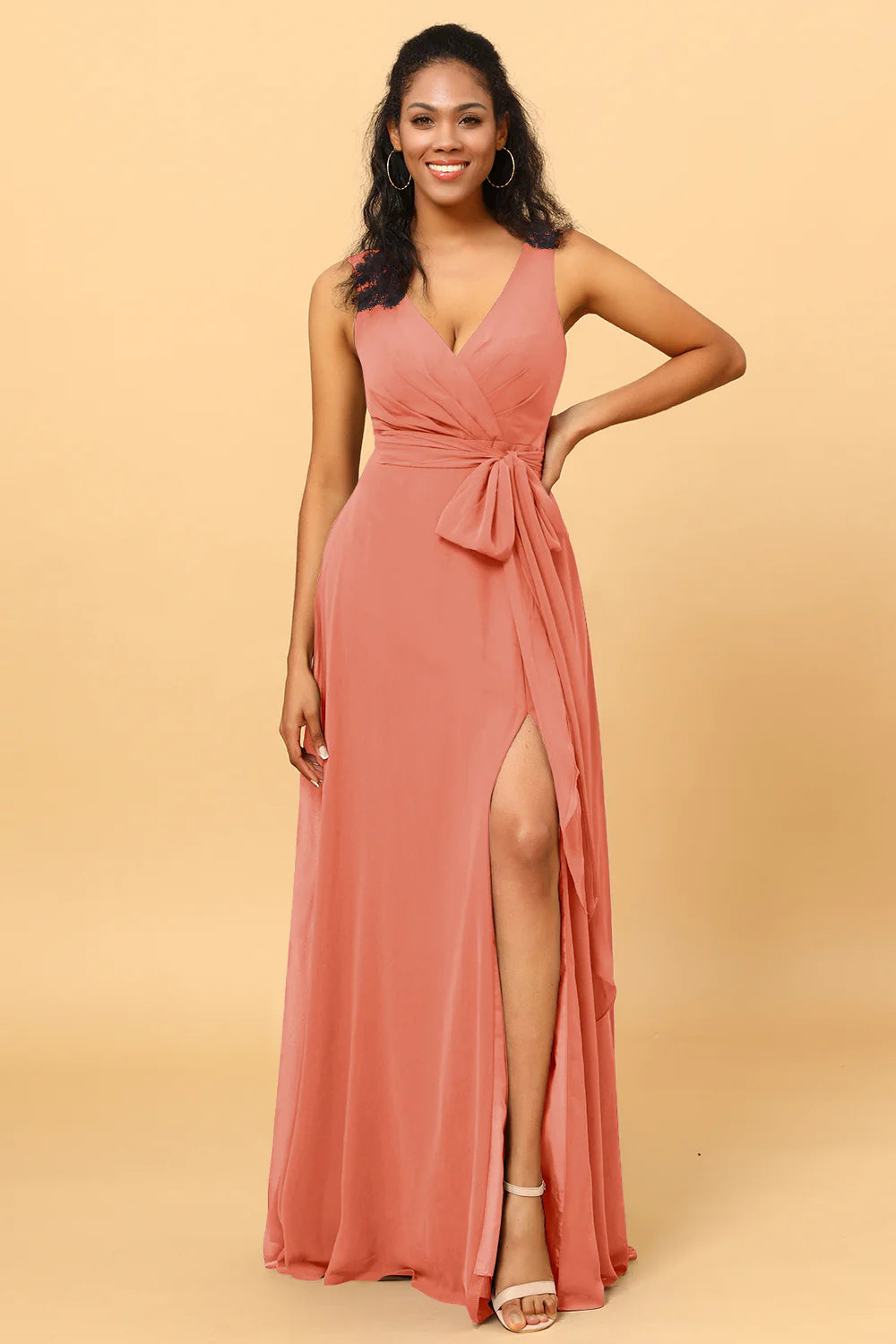 A Line V Neck Sleeveless Long Chiffon Bridesmaid Dress with Slit
