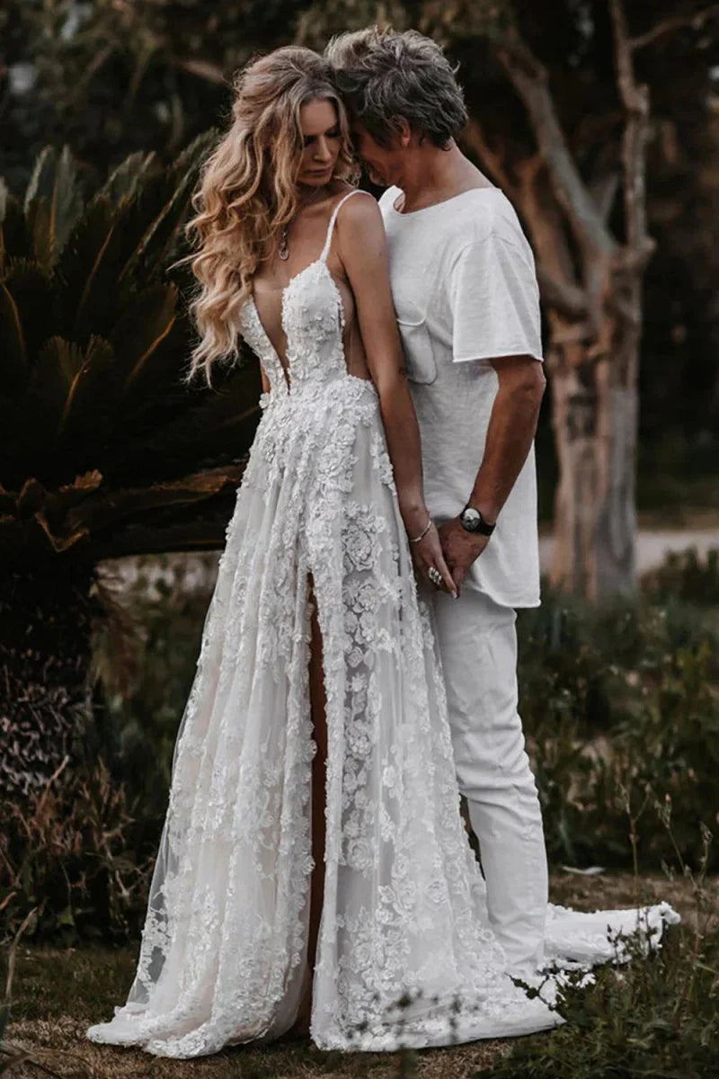 White Boho A Line Lace Wedding Dress with Appliques