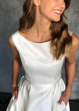 Pure White Satin Sleeveless Bridal Dresses with Pockets