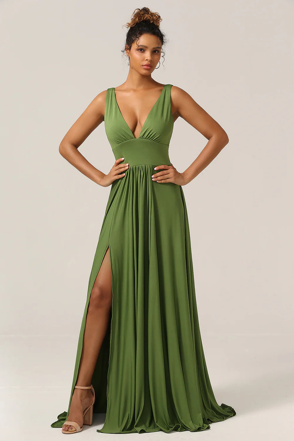 Olive A Line Deep V neck Spandex Floor Length Bridesmaid Dress with Slit