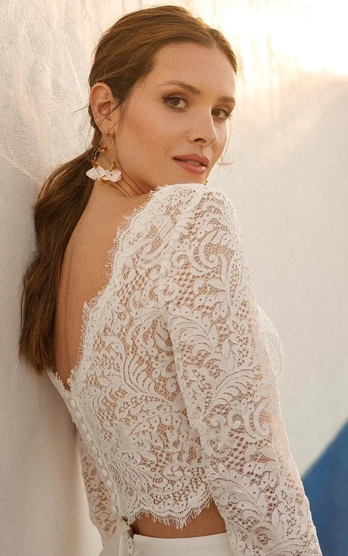 Modern Two Piece Floor length 3 4 Length Sleeve Lace Jewel Wedding Dress with Ruching