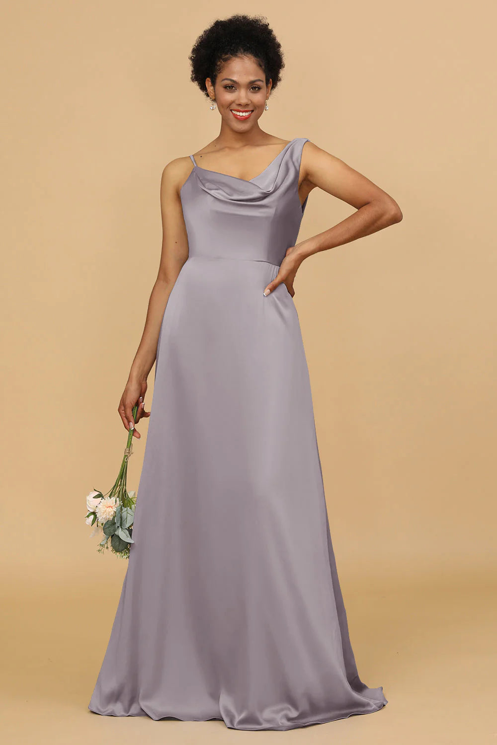 A Line Asymmetrical Neck Satin Floor Length Bridesmaid Dress