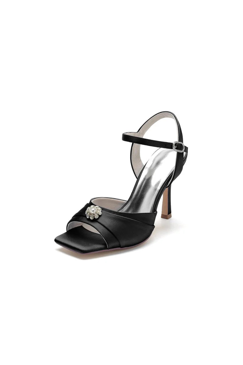 Crystal Flower Square Open Toe Cross Straps Chunky Heels