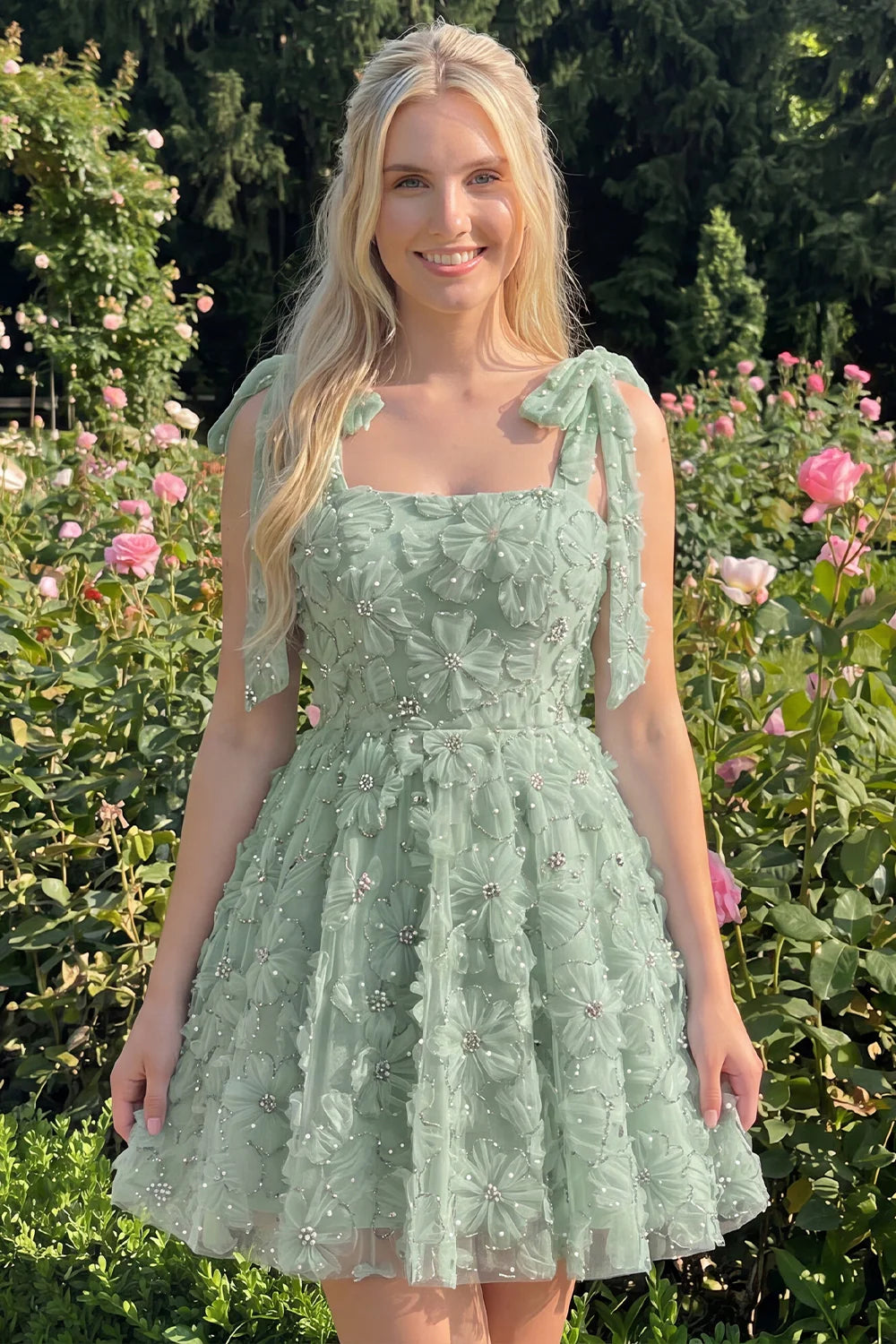 Dusty Rose 3D Floral Appliqued A Line Short Homecoming Dress with Beadings