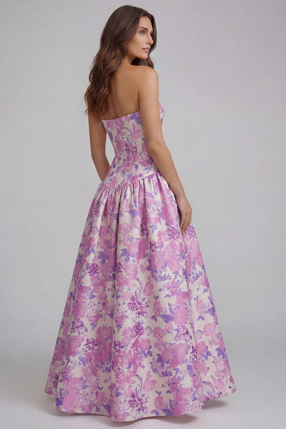 Blue White Flower Printed Strapless A Line Long Wedding Guest Dress