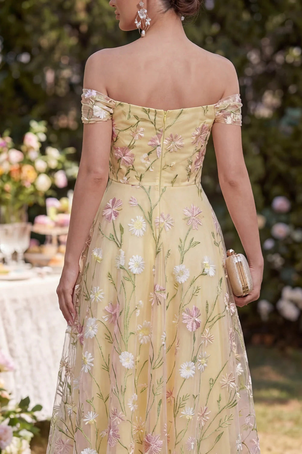 Floral Light Yellow Off the Shoulder Long Wedding Guest Dress