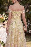 Floral Light Yellow Off the Shoulder Long Wedding Guest Dress