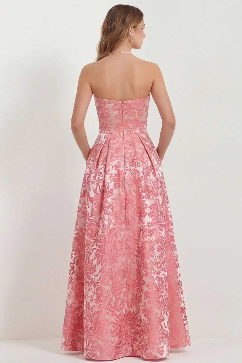 Hot Pink Strapless A Line Jacquard Long Bridesmaid Dress with Pockets