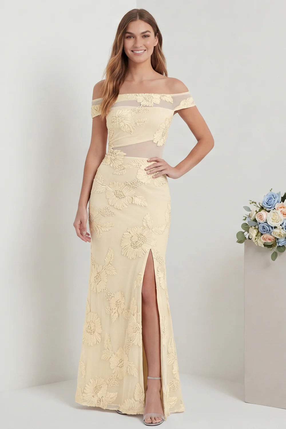 Off the Shoulder Yellow Mermaid Embroidered Bridesmaid Dress with Slit