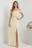 Off the Shoulder Yellow Mermaid Embroidered Bridesmaid Dress with Slit