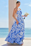Blue A Line Spaghetti Straps Ruched Backless Long Print Bridesmaid Dress with Slit