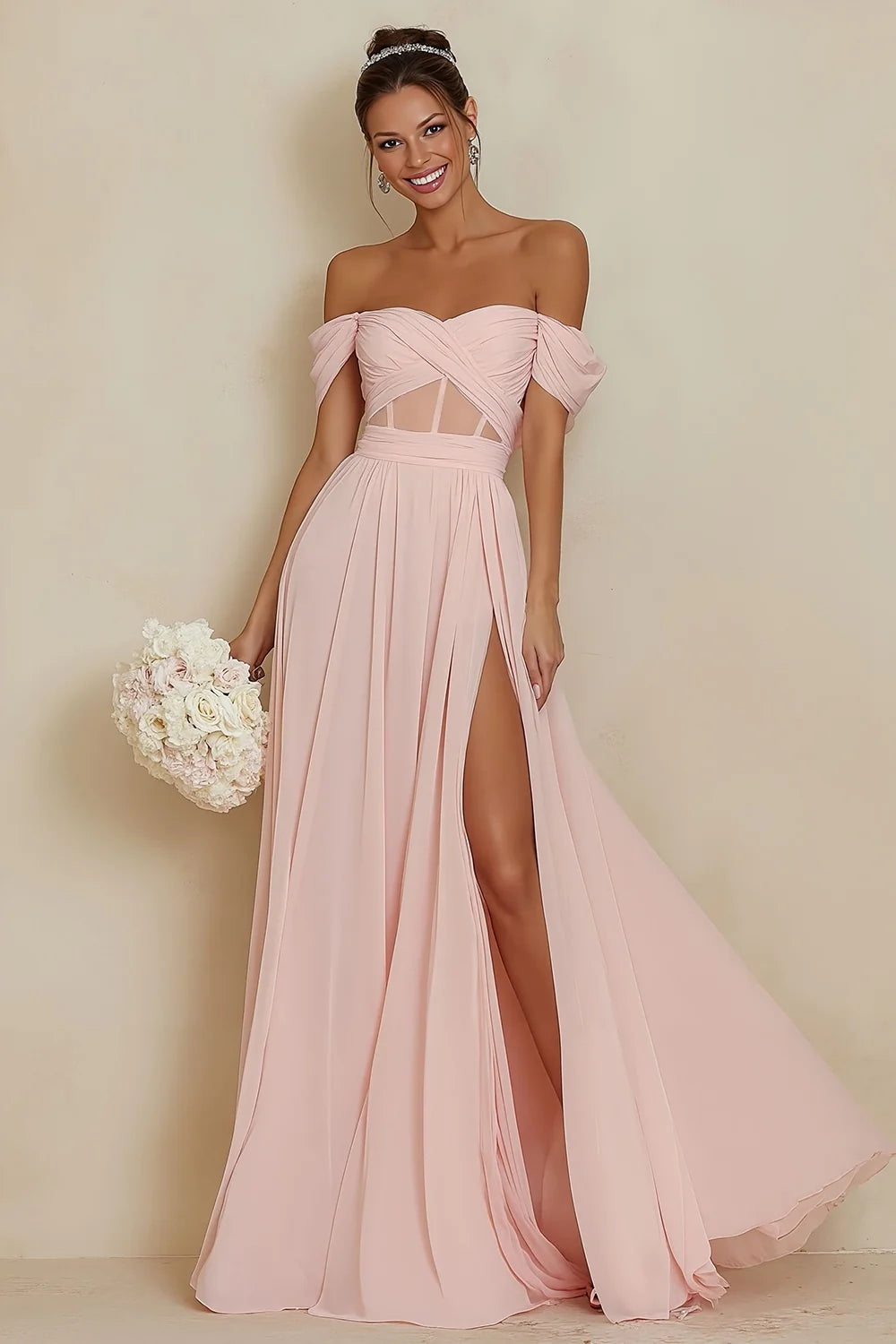 Blush Pink Corset A Line Off the Shoulder Long Bridesmaid Dress with Slit