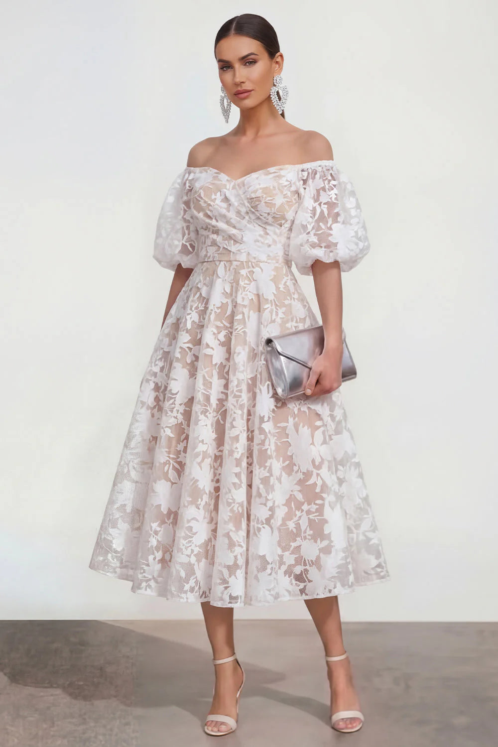 Floral Pink Off the Shoulder A Line Midi Wedding Guest Dress