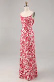 Red Flower Sheath Spaghetti Straps Floral Maxi Dress
