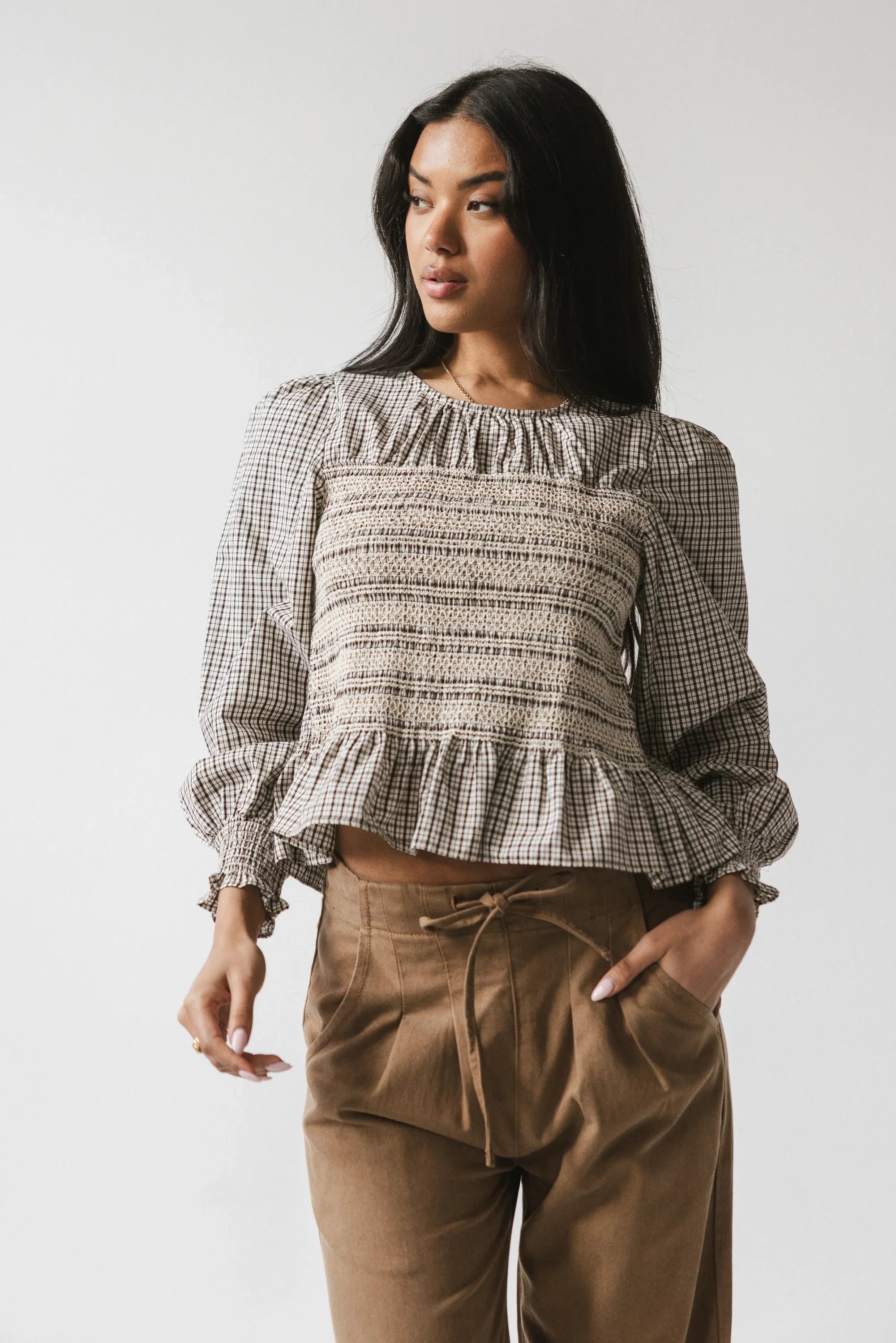 Kesley Smocked Blouse in Brown