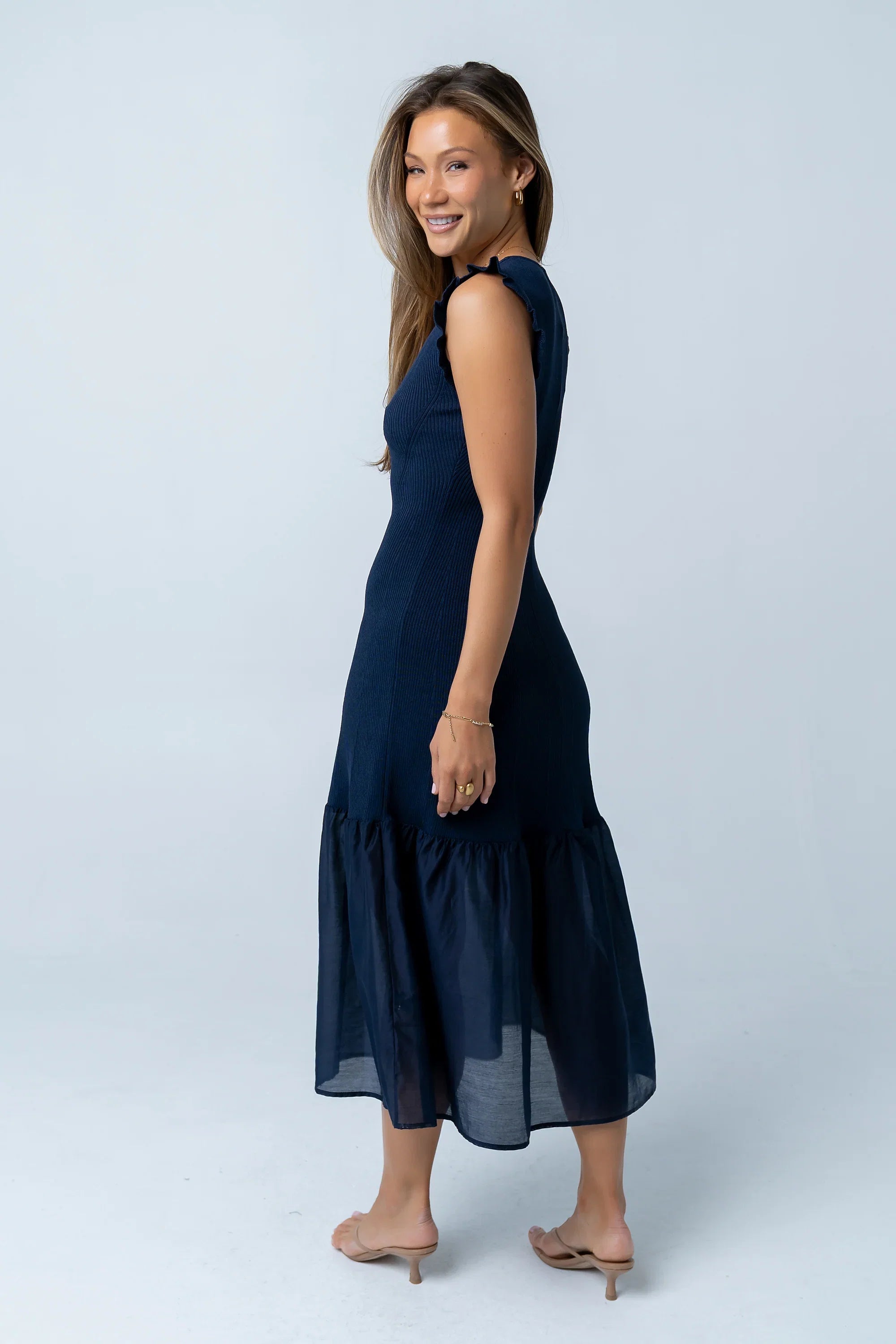 Lara Ribbed Midi Dress in Navy