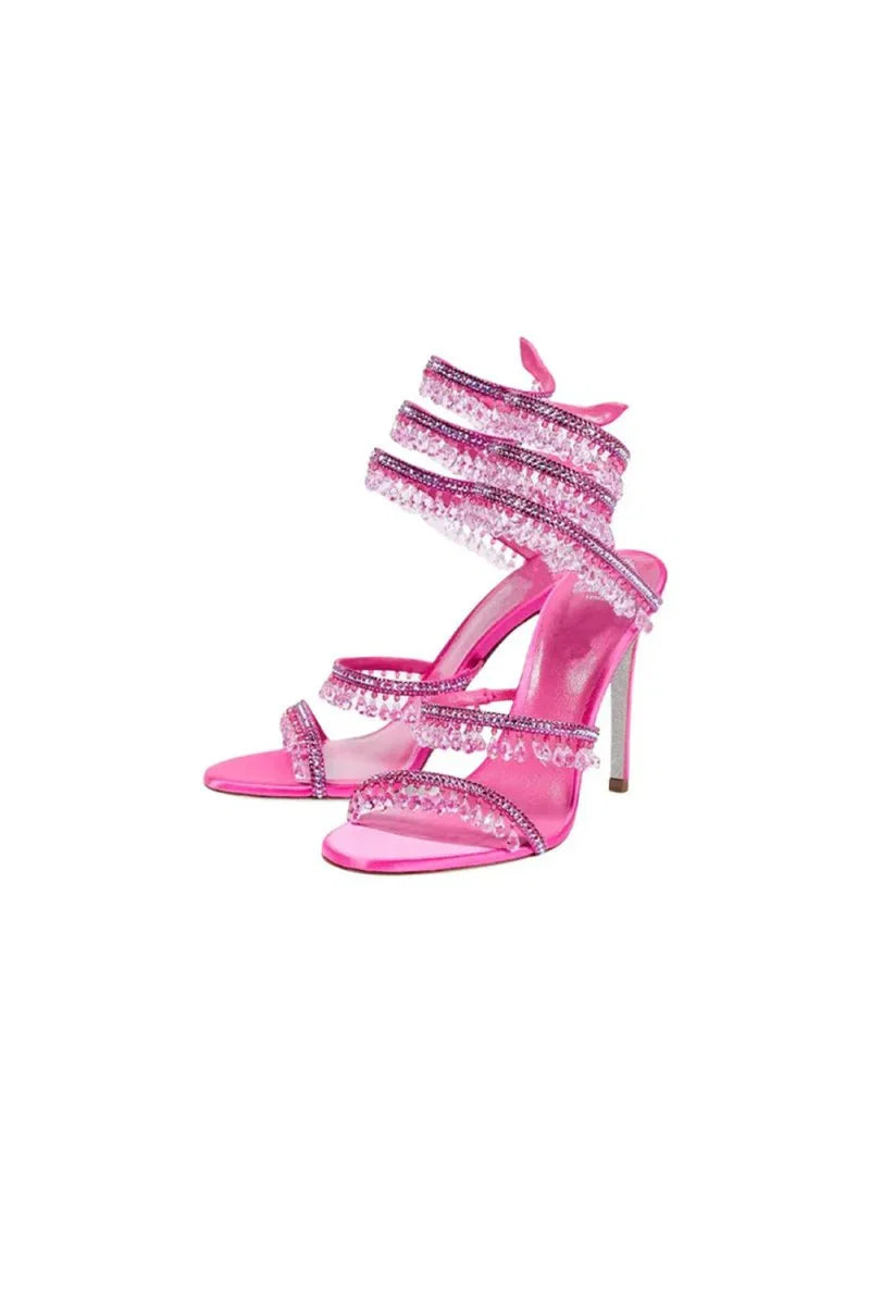 Open Toe Ankle Wrap Beaded Crystal Stiletto Heels