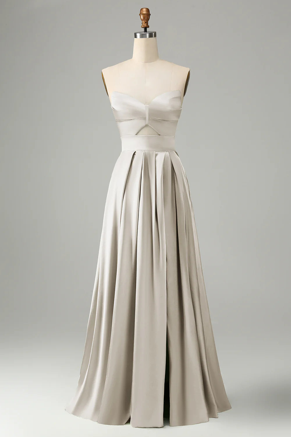 Green A Line Strapless Pleated Hollow Out Long Bridesmaid Dress With Slit