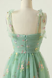 Green Tulle A Line Spaghetti Straps Floral Long Prom Dress With Embroidery