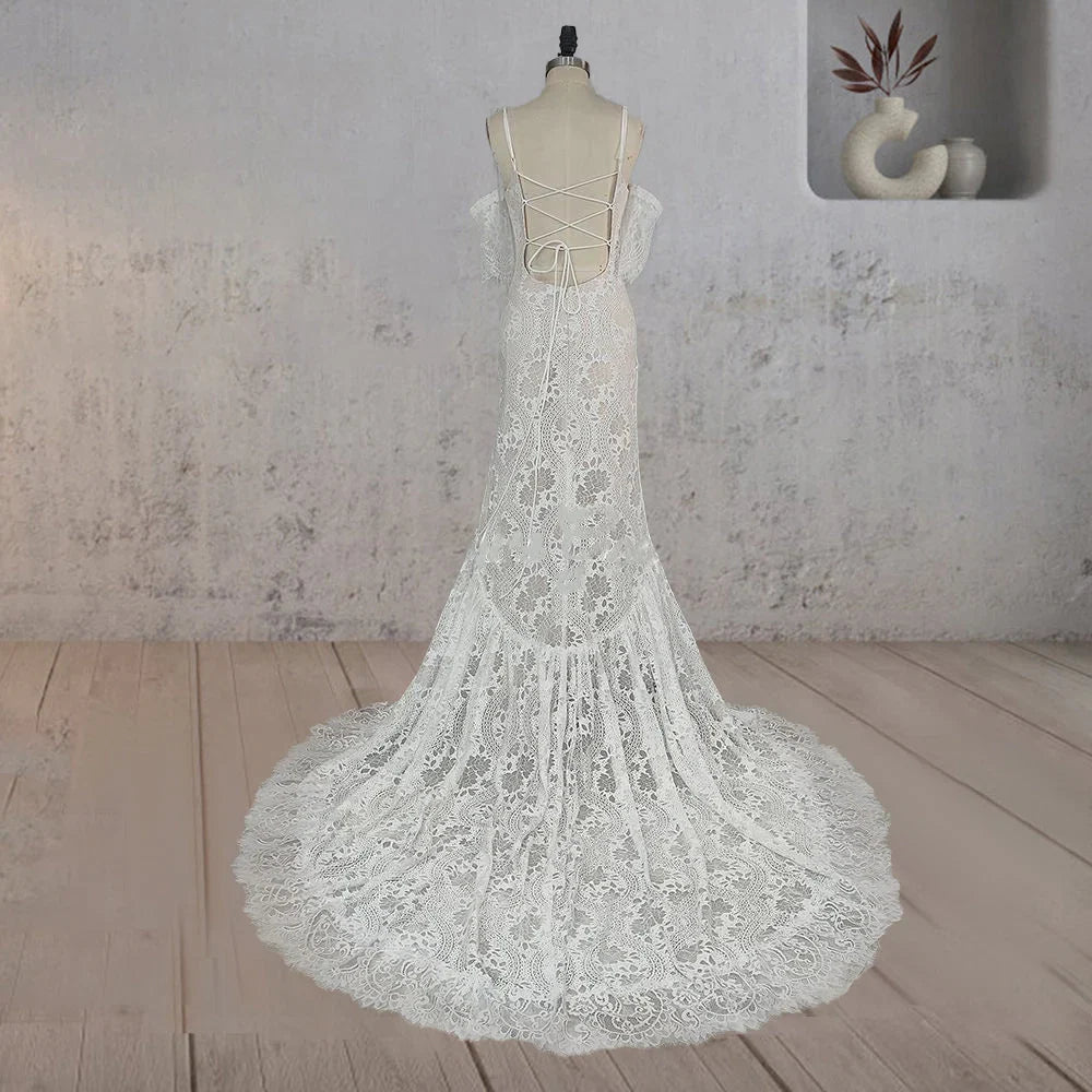Mermaid White Halter Neck Lace Wedding Dress