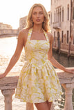 Halter Yellow Jacquard A Line Short Homecoming Dress