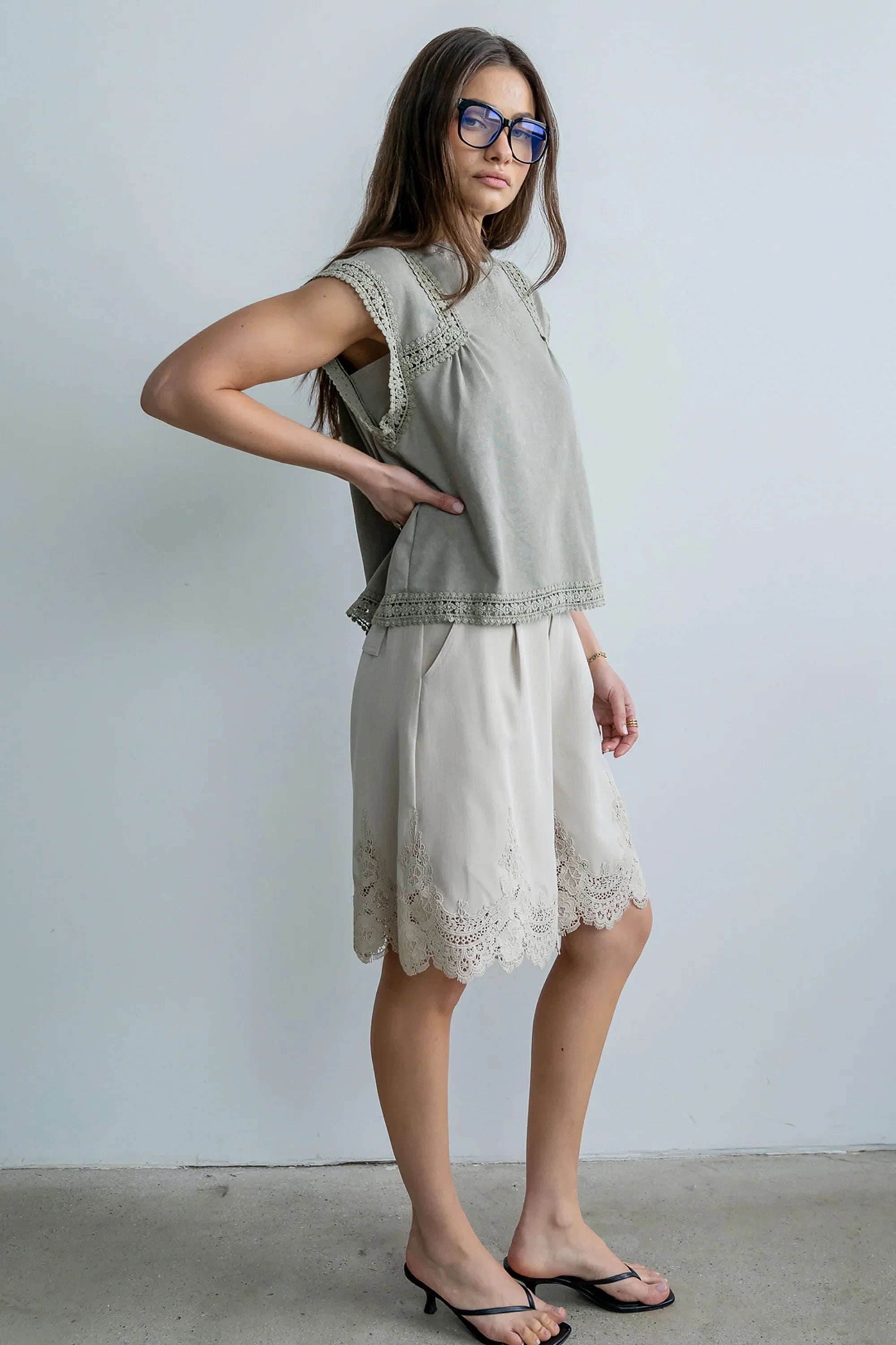 Mazie Lace Trim Shorts in Tan