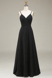 Black A Line Spaghetti Straps Chiffon Long Bridesmaid Dress