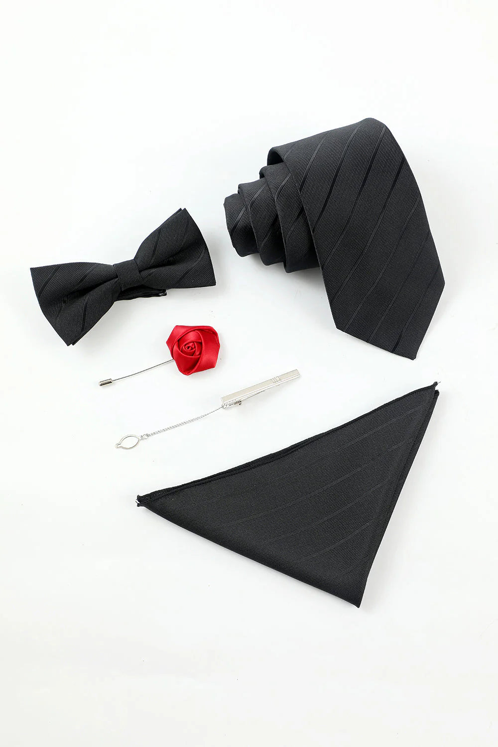 Mens Black Stripe Mens 5 Piece Accessory Set Tie and Bow Tie Pocket Square Flower Lapel Pin Tie Clip