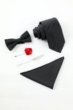 Mens Black Stripe Mens 5 Piece Accessory Set Tie and Bow Tie Pocket Square Flower Lapel Pin Tie Clip