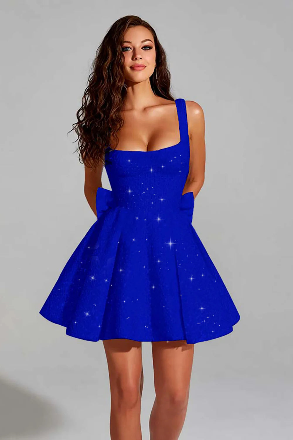 Sparkly Black A Line Square Neck Homecoming Dress with Bow
