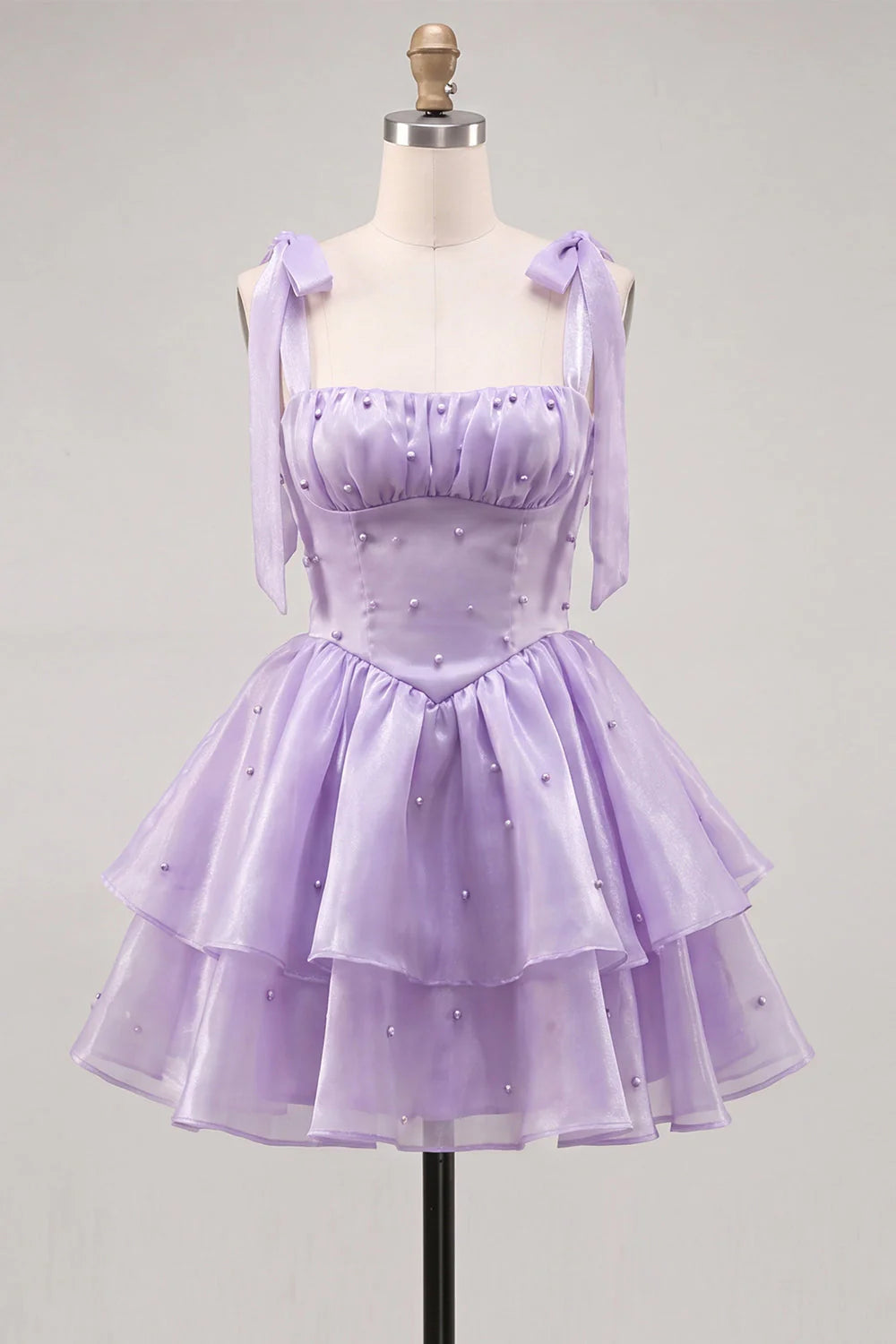 Cute Lilac A Line Pearl Tiered Short Homecoming Dress with Lace Up Back