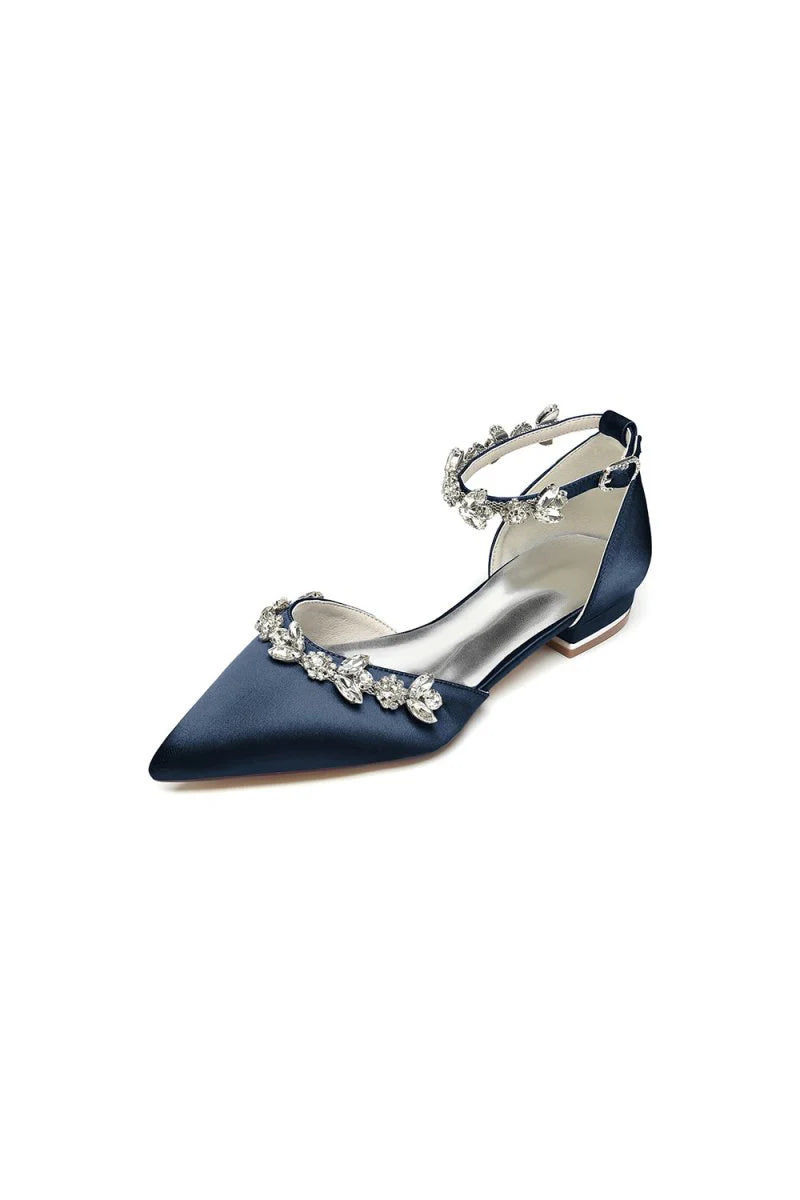 Pointed Toe Rhinestone Beaded Ankle Strap Kitten Heels
