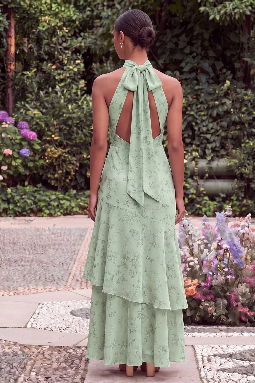 Sage Halter Keyhole Asymmetrical Floral Wedding Guest Dress
