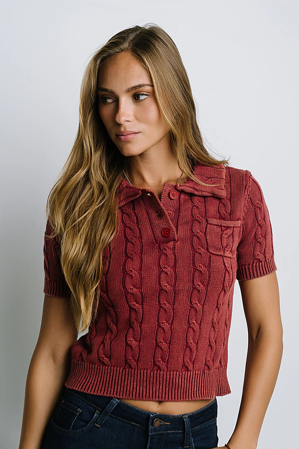 Halle Cable Knit Top in Red