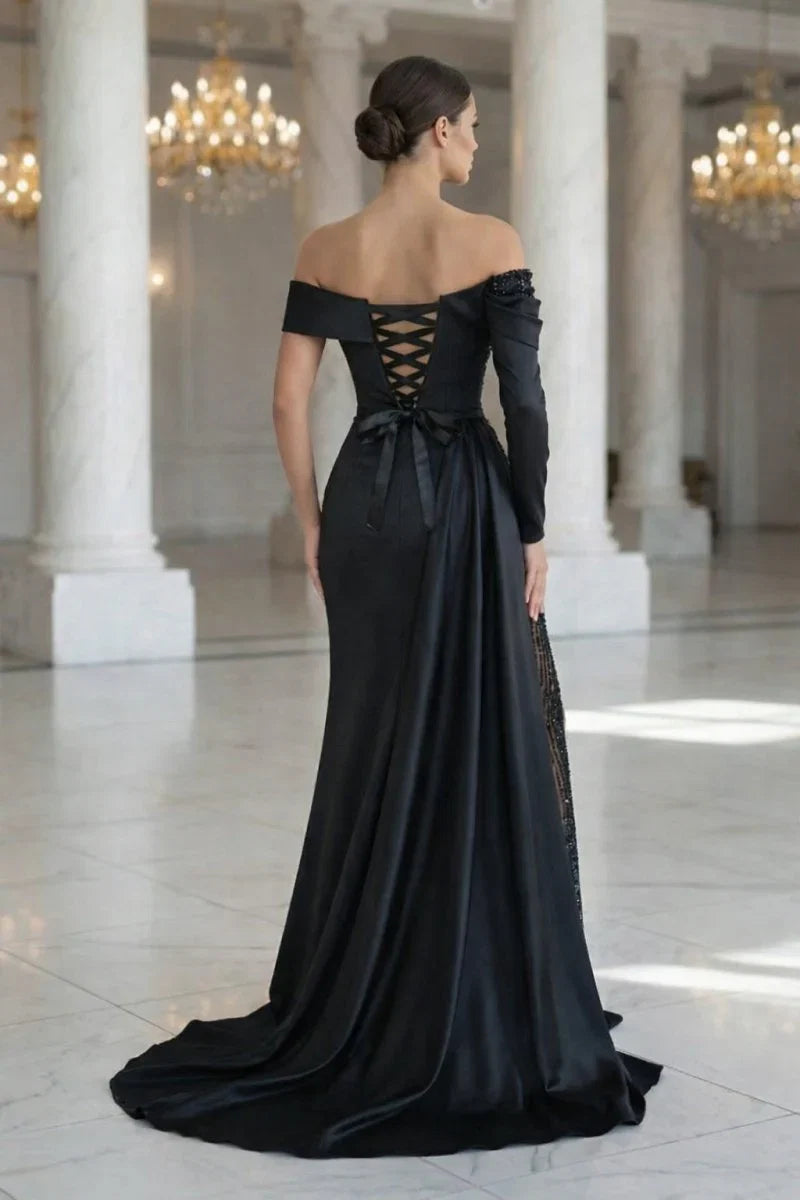 Sheath Off The Shoulder Long Sleeves Satin Sequined Prom Dresses