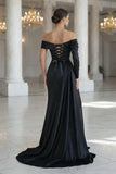 Sheath Off The Shoulder Long Sleeves Satin Sequined Prom Dresses
