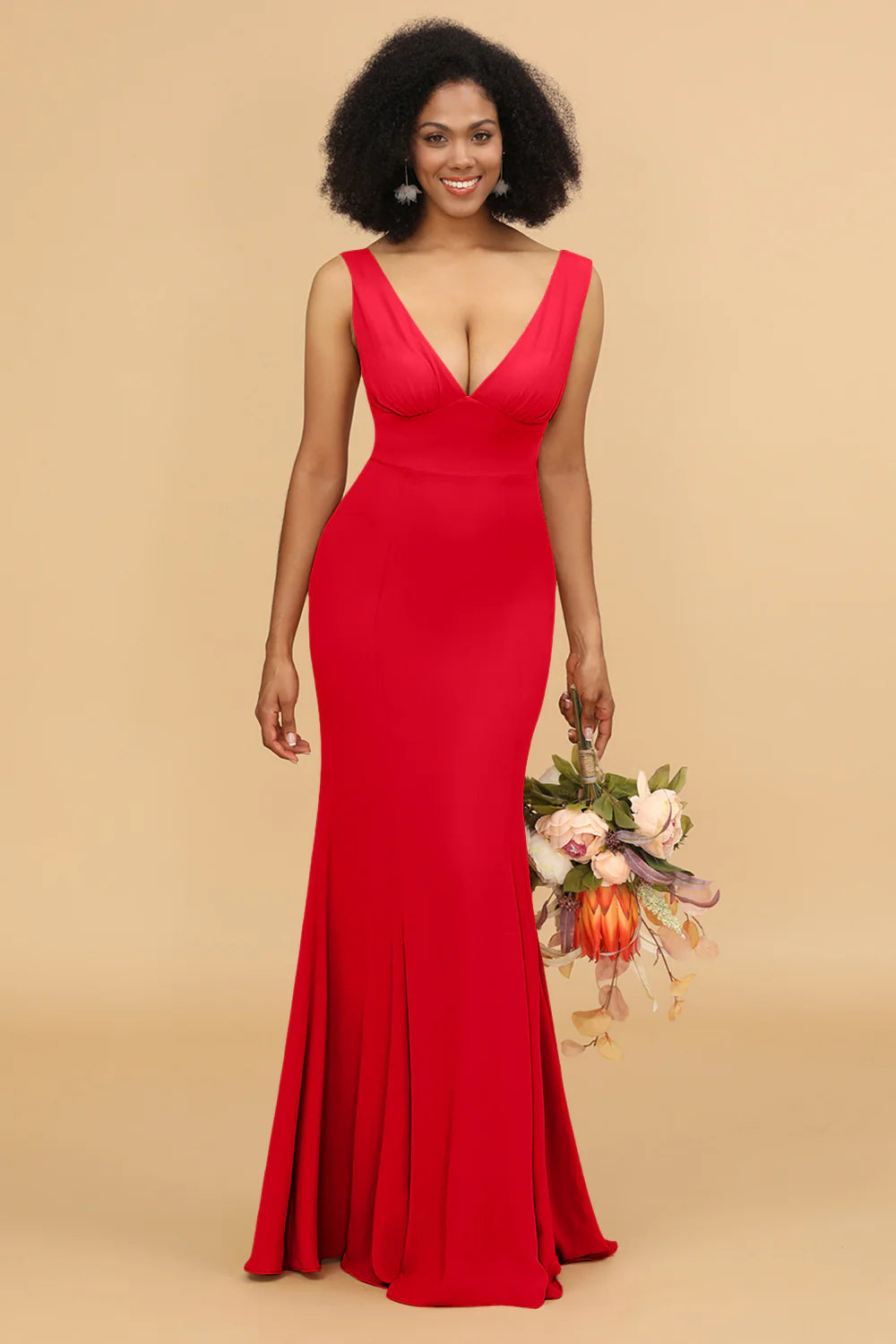 Mermaid V neck Open Back Long Chiffon Bridesmaid Dress With Ruffles