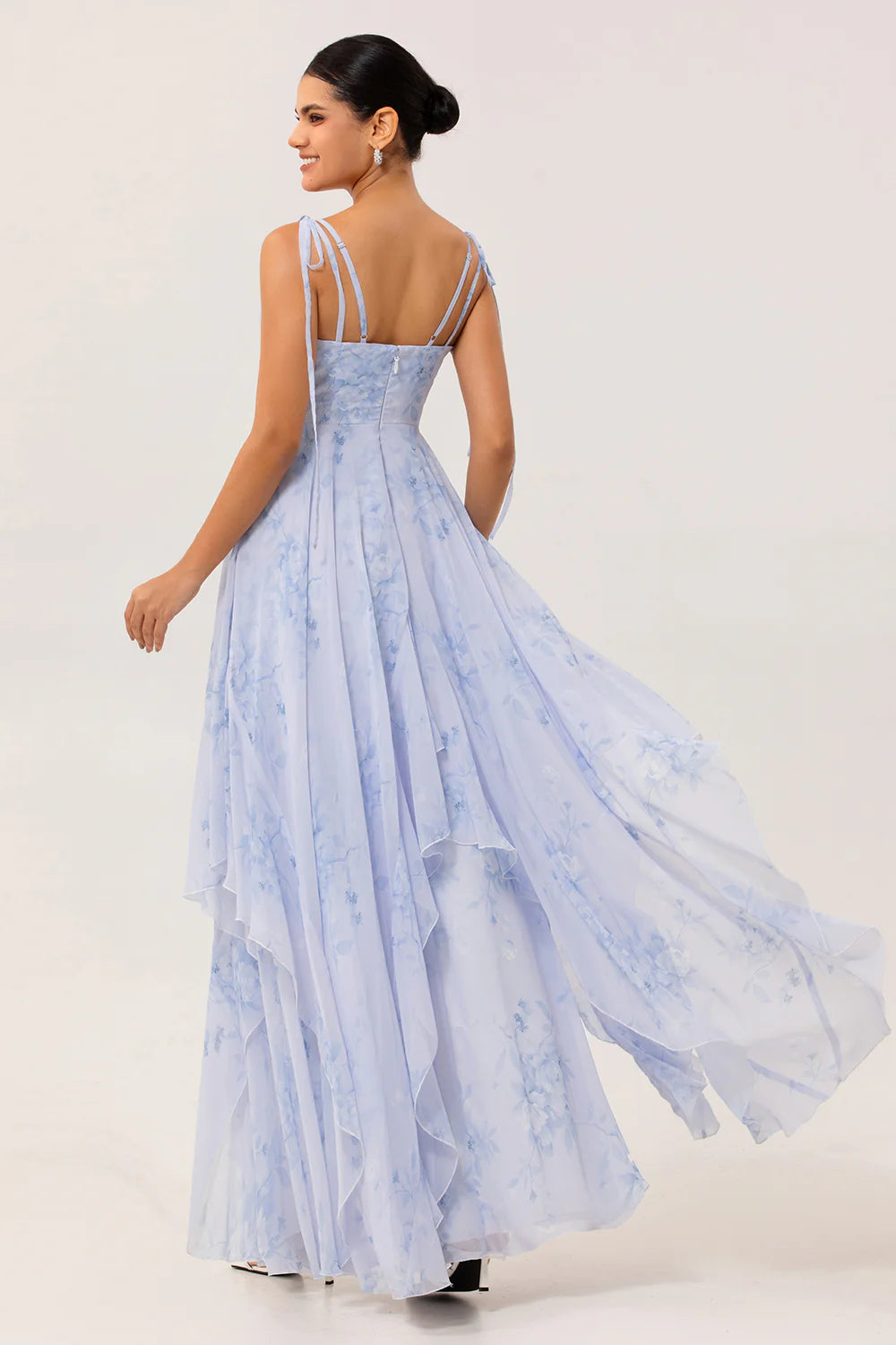 A Line Spaghetti Straps Long Blue Floral Bridesmaid Dress with Ruffles