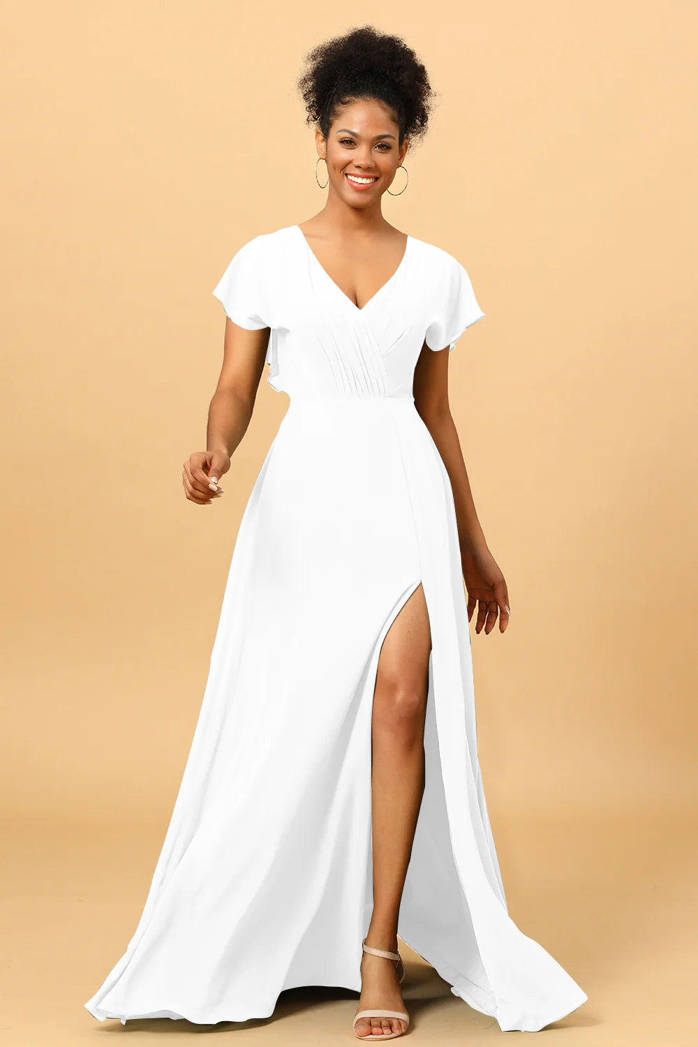 A Line V Neck Ruched Chiffon Bridesmaid Dress with Slit