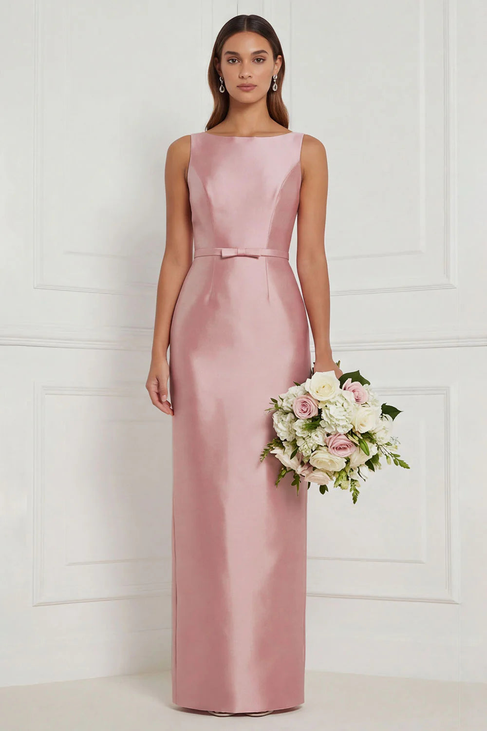 Sage Green Sheath Bateau Neck Satin Bridesmaid Dress