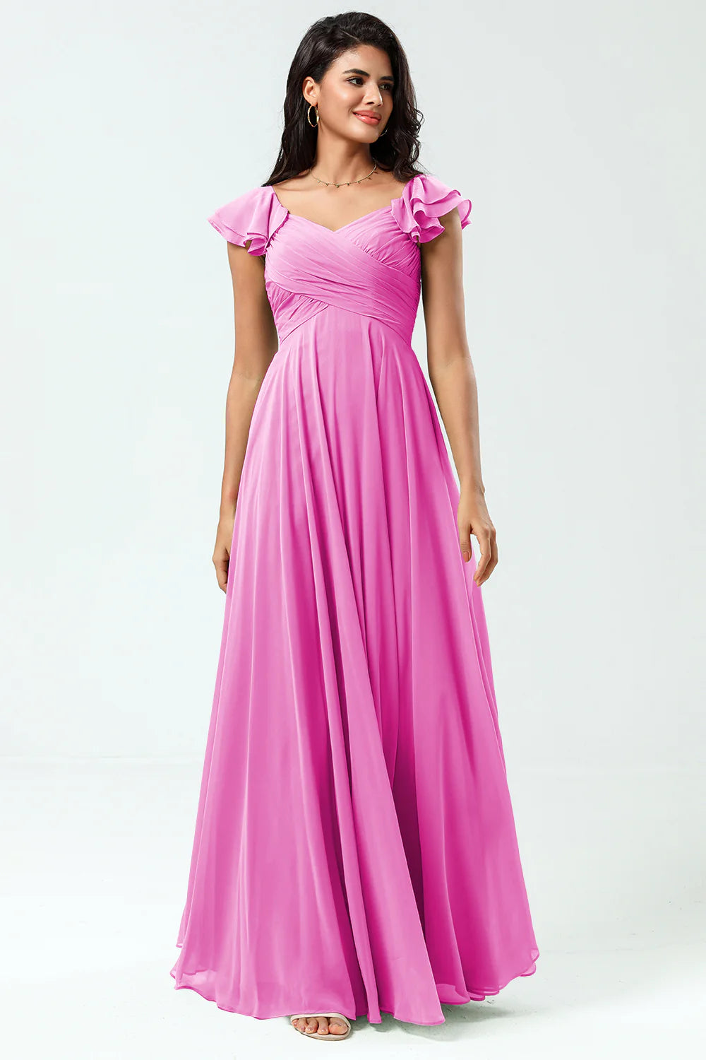 Lace Up Back Cross A Line Chiffon Bridesmaid Dress with Ruffles