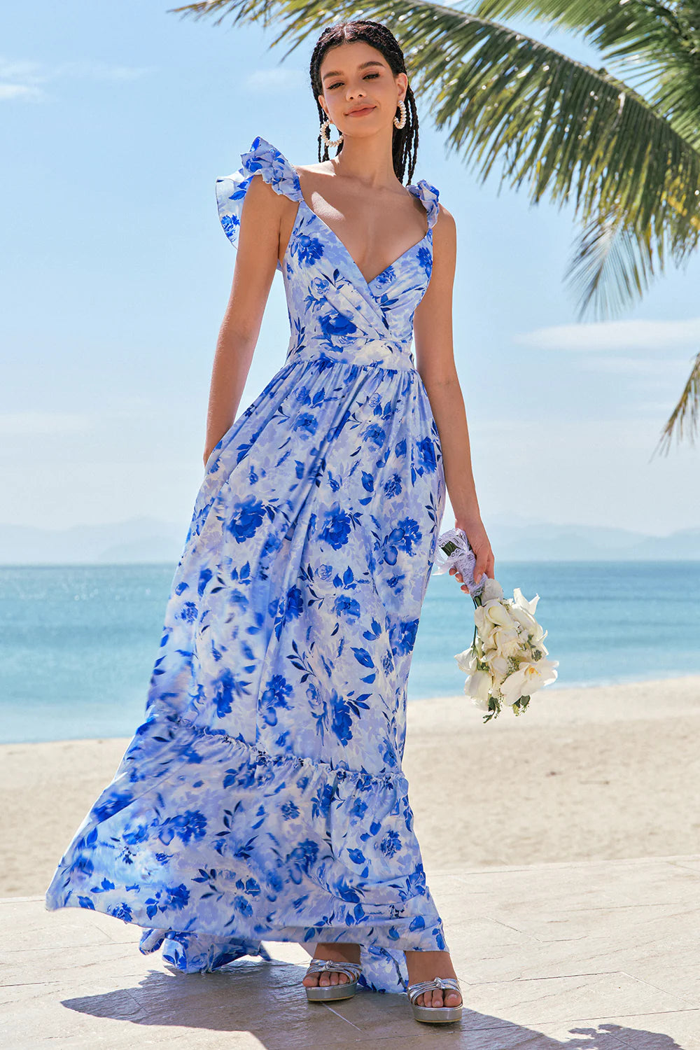 Blue A Line V Neck Ruched Floral Long Bridesmaid Dress