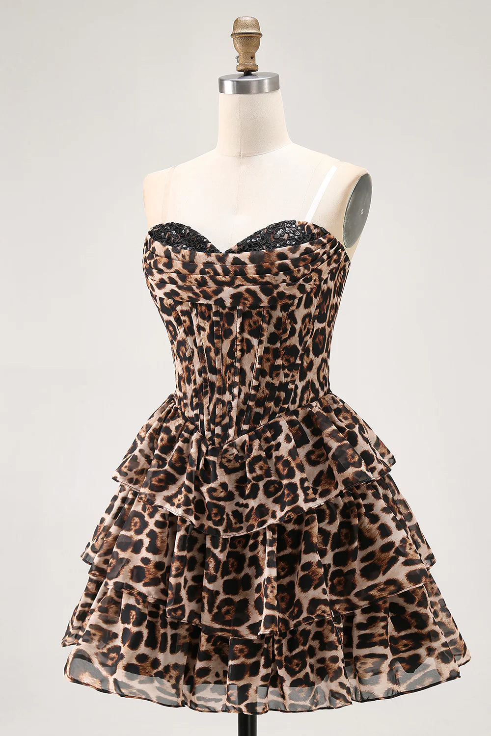 Brown Leopard Strapless Ruffled A Line Corset Mini Homecoming Dress